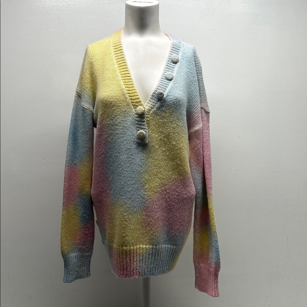 LoveShackFancy Naveen Sweater Knit Top Alpaca Wool Henley Button Rainbow Small - Picture 2 of 11